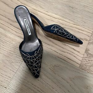 Manolo Blahnik Denim Jean Blue and Silver Pumps 37.5